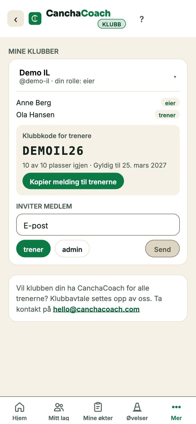 Klubbsiden i appen med klubbkoden og medlemmene