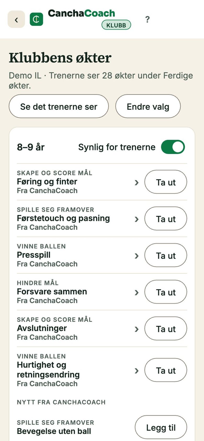 Valget av klubbens økter i appen