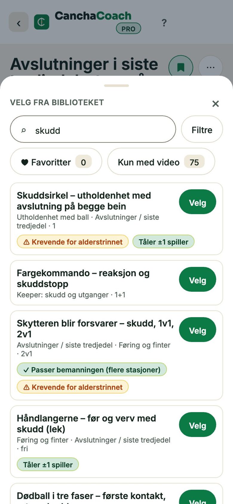 Byttemenyen for en øvelse i en økt