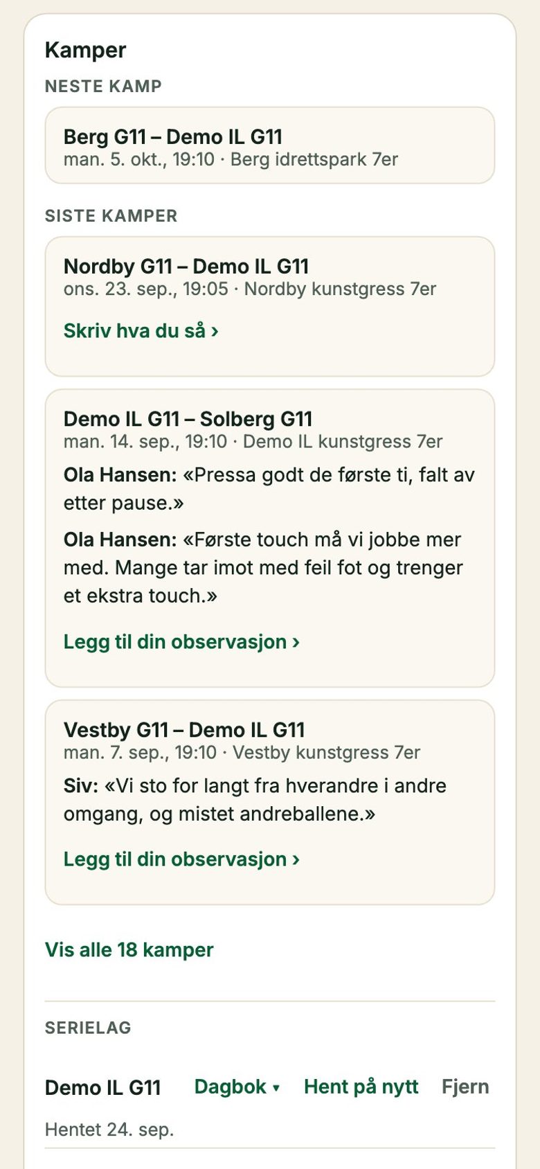 Lagets kamper fra fotball.no og spørsmålet etter kamp